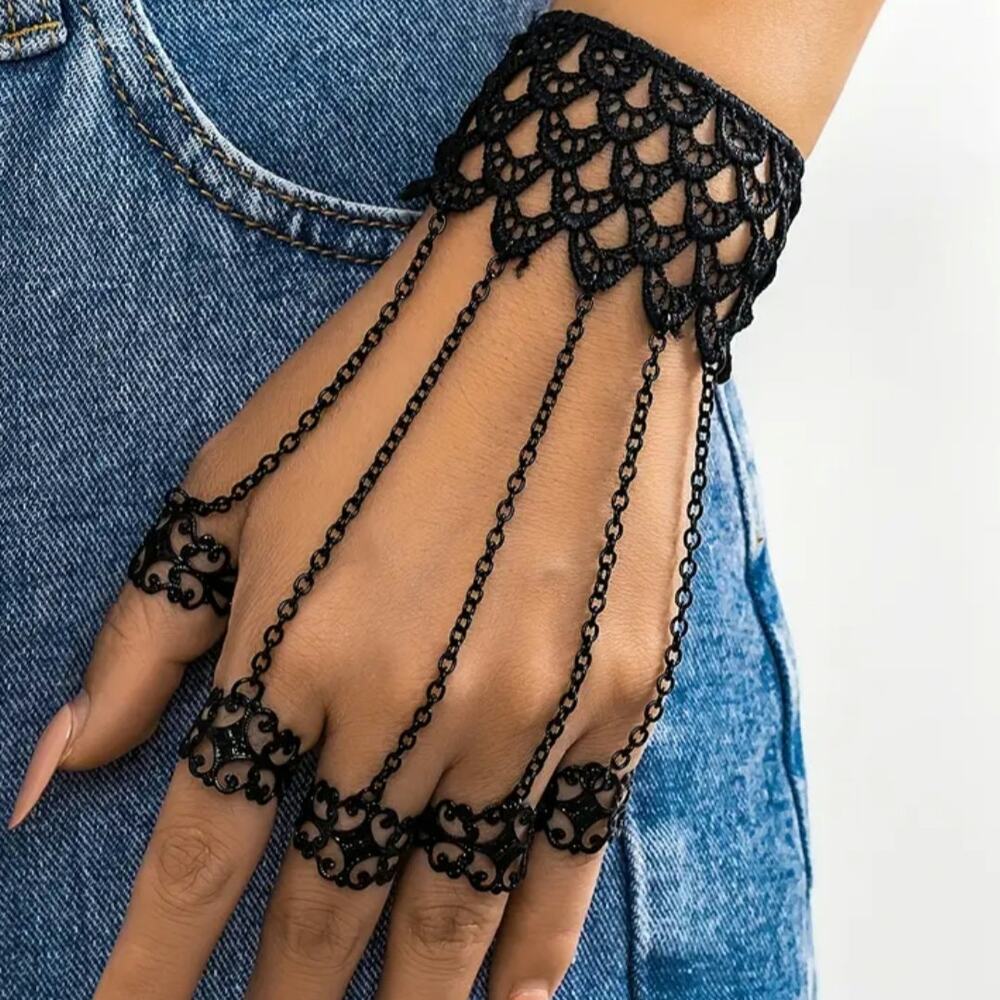COPY - Gothic Bracelet Attached 5 Rings Black Adjustable Metal Fillagree Dark C…